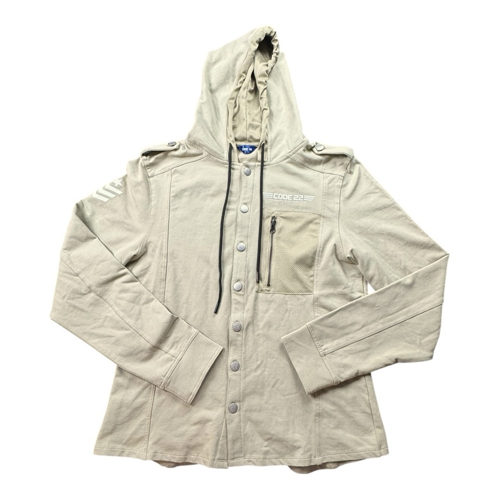 NWOT Code 22 Khaki Military Style Hooded Jacket Size L